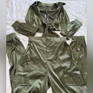 Fashion Nova Olive Green Satin Jumpsuit
